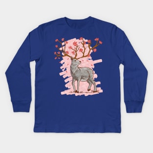 Cherry Blossom Deer Sakura Kids Long Sleeve T-Shirt